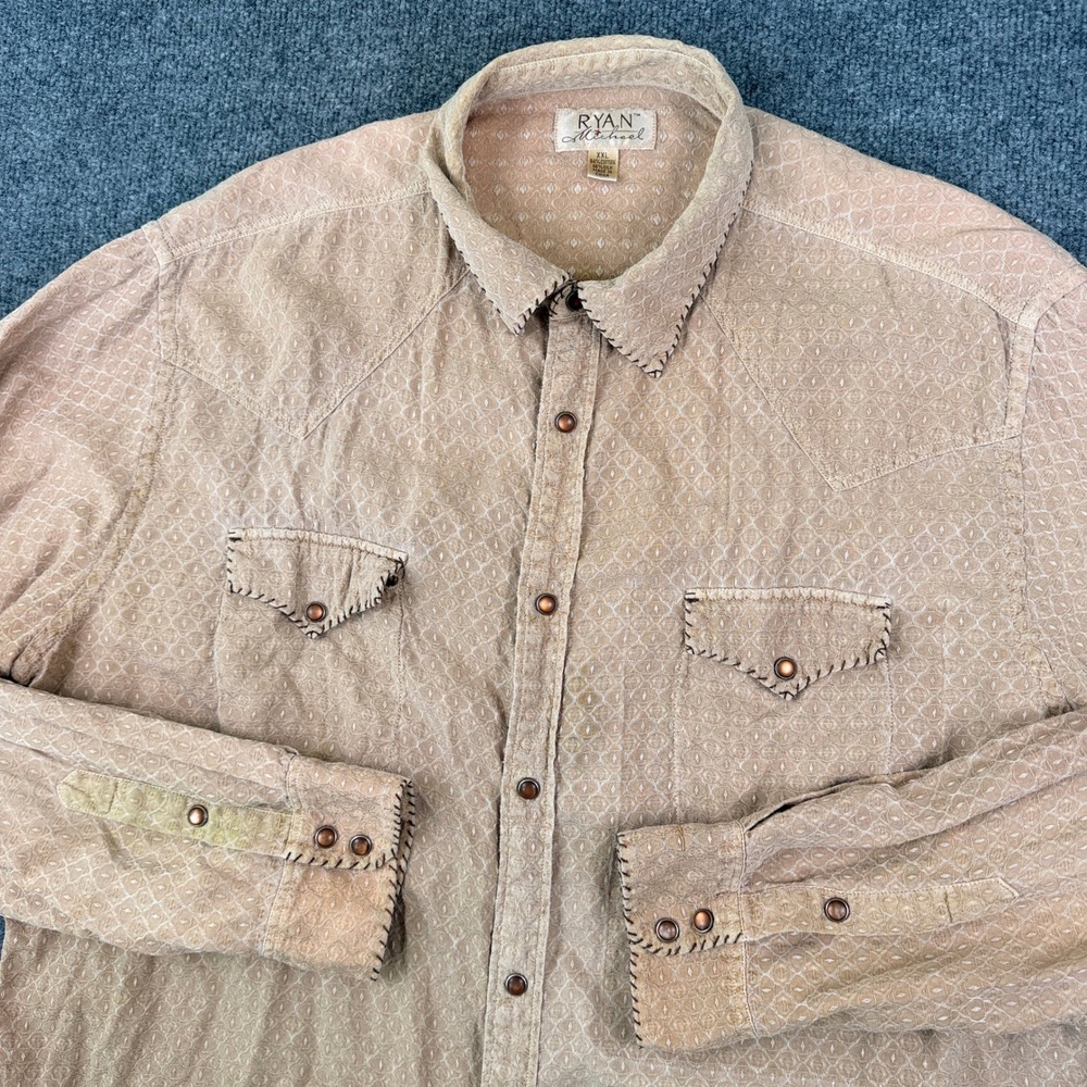 Ryan Michael Shirt Mens 2XL Brown Linen Cotton Textured Long Sleeve Pearl Snap
